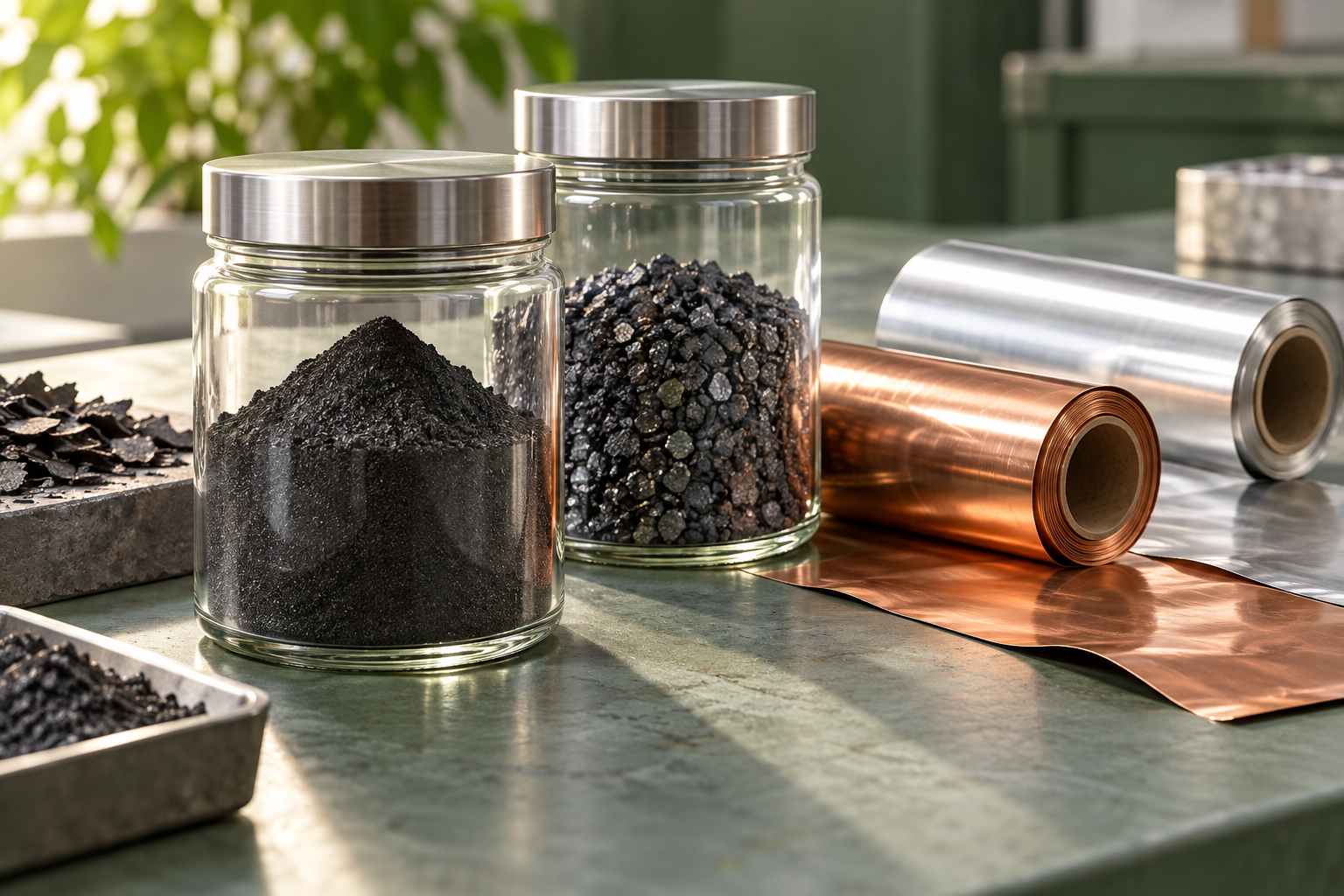 Concept image: sealed samples of recovered battery materials and electrode foils